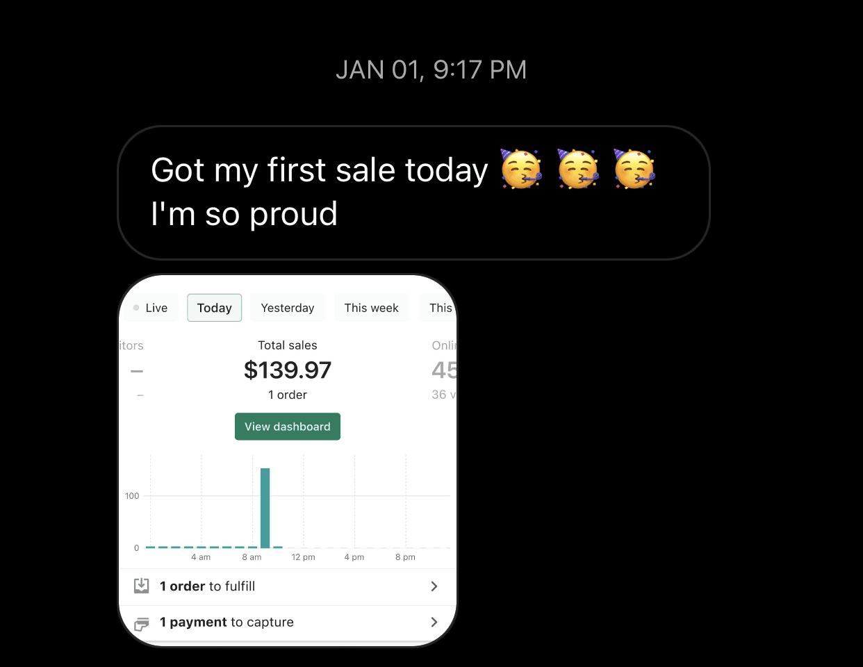 Member reporting their first sale, above a dashboard showing $139.97 from a single order