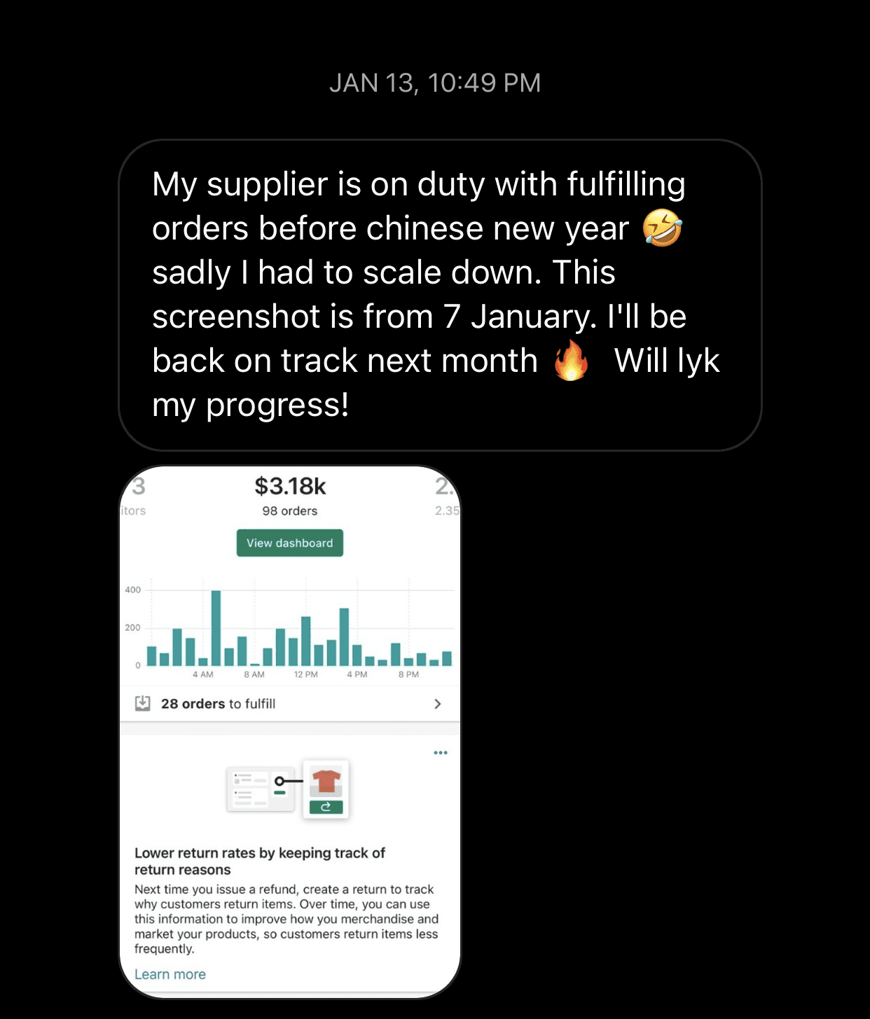 Member explaining a scale-down over Chinese New Year, above a dashboard showing $3.18k from 98 orders